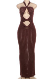 Black Elegant Solid Color Hollow Out Patchwork Backless Halter Long Dresses