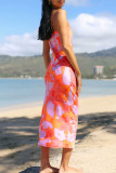 Red Sexy Print Patchwork Backless Spaghetti Strap Sling Dresses