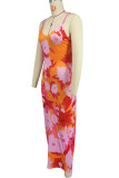 Red Sexy Print Patchwork Backless Spaghetti Strap Sling Dresses