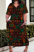 Orange Green Casual Print Pocket Patchwork V Neck Straight Plus Size Dresses