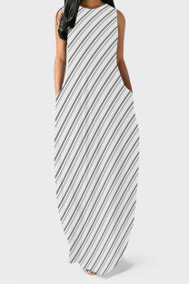 Grey Casual Striped Print Pocket O Neck Printed Dresses