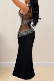 White Sexy Patchwork Hot Drilling See-Through Backless Turtleneck Long Dresses