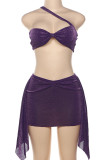 Purple Celebrities Solid Color Patchwork Backless Ruched Asymmetrical Collar Sleeveless Two Pieces
