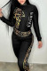 Black Casual Street Geometric Print Letter Print Patchwork Zipper Mandarin Collar Long Sleeve Two Pieces