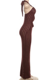 Black Elegant Solid Color Hollow Out Patchwork Backless Halter Long Dresses