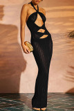 Black Elegant Solid Color Hollow Out Patchwork Backless Halter Long Dresses