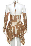 Khaki Sexy Print Hollow Out Patchwork Backless Strap Design Halter Irregular Dresses