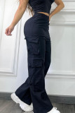 Black Casual Solid Color Pocket Patchwork Loose High Waist Straight Patchwork Bottoms