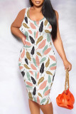 Black And White Sexy Print Patchwork U Neck Wrapped Skirt Dresses