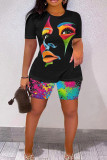 Black Casual Print Basic O Neck Short Sleeve Two Pieces
