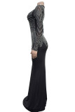 Blue Sexy Solid Color Patchwork Hot Drill Deep V Neck Long Dresses