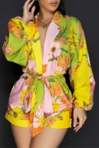 Yellow Casual Floral Print With Belt Turndown Collar Regular Rompers