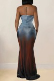 Blue Sexy Print Backless Strapless Long Dresses