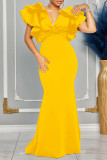 Yellow Sexy Solid Color Patchwork V Neck Long Dresses
