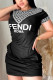 Black Casual Street Letter Print O Neck A Line Short Sleeve Dress