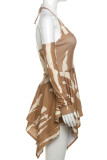 Khaki Sexy Print Hollow Out Patchwork Backless Strap Design Halter Irregular Dresses