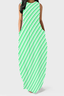 Green Casual Striped Print Pocket O Neck Printed Dresses