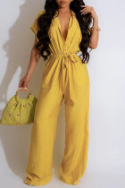 Yellow Casual Solid Color Pocket Patchwork Turndown Collar Regular Jumpsuits
