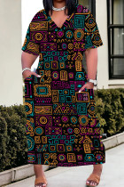 Purple Casual Print Pocket Patchwork V Neck Straight Plus Size Dresses