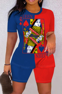 Blue Red Casual Print Basic O Neck Short Sleeve Two Pieces