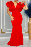 Red Sexy Solid Color Patchwork V Neck Long Dresses