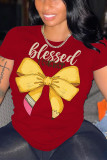 Pink Casual Letter Print Bow printing O Neck T-Shirts