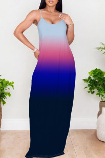 Gray Pink Elegant Gradient Print Patchwork Backless Spaghetti Strap Sling Dresses