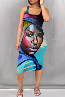 Turquoise Casual Print Patchwork Square Collar Wrapped Skirt Dresses