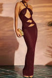 Black Elegant Solid Color Hollow Out Patchwork Backless Halter Long Dresses