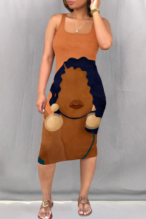 Brown Casual Print Patchwork Square Collar Wrapped Skirt Dresses