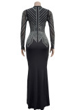 Blue Sexy Solid Color Patchwork Hot Drill Deep V Neck Long Dresses