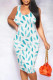 Cyan Sexy Print Patchwork U Neck Wrapped Skirt Dresses