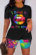 Black Pink Casual Print Basic O Neck Short Sleeve Two Pieces