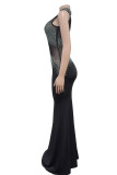 White Sexy Patchwork Hot Drilling See-Through Backless Turtleneck Long Dresses