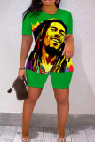 Black Casual Print Basic O Neck Short Sleeve Two Pieces