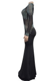 Apricot Sexy Patchwork Hot Drilling See-Through Turtleneck Long Dresses