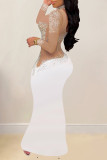 Apricot Sexy Patchwork Hot Drilling See-Through Turtleneck Long Dresses