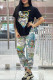 Black Casual Street Floral Print Letter Print O Neck Short Sleeve Two Pieces