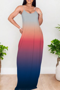 Gray Orange Elegant Gradient Print Patchwork Backless Spaghetti Strap Sling Dresses