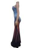 Blue Sexy Print Backless Strapless Long Dresses