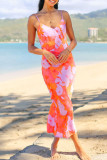 Red Sexy Print Patchwork Backless Spaghetti Strap Sling Dresses
