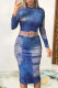 Blue Casual Print Patchwork O Neck Wrapped Skirt Dresses