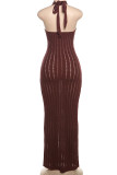 Black Elegant Solid Color Hollow Out Patchwork Backless Halter Long Dresses