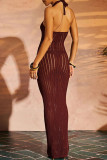Black Elegant Solid Color Hollow Out Patchwork Backless Halter Long Dresses