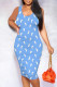 Blue Sexy Print Patchwork U Neck Wrapped Skirt Dresses
