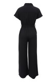 Black Casual Solid Color Pocket Patchwork Turndown Collar Regular Jumpsuits