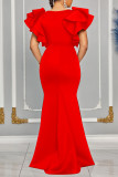 Red Sexy Solid Color Patchwork V Neck Long Dresses