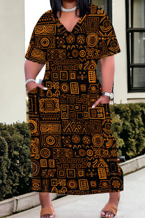 Orange Casual Print Pocket Patchwork V Neck Straight Plus Size Dresses