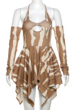 Khaki Sexy Print Hollow Out Patchwork Backless Strap Design Halter Irregular Dresses