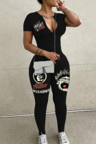 Black Sexy Print Patchwork Zipper Zipper Collar Skinny Jumpsuits